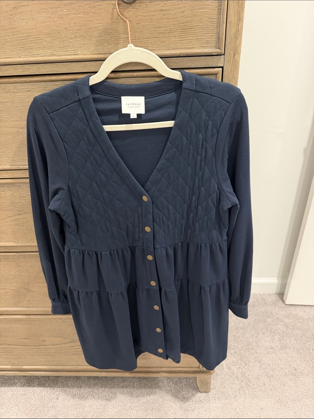 sundays Navy Quilted V-Neck Button Front Peplum Tunic
